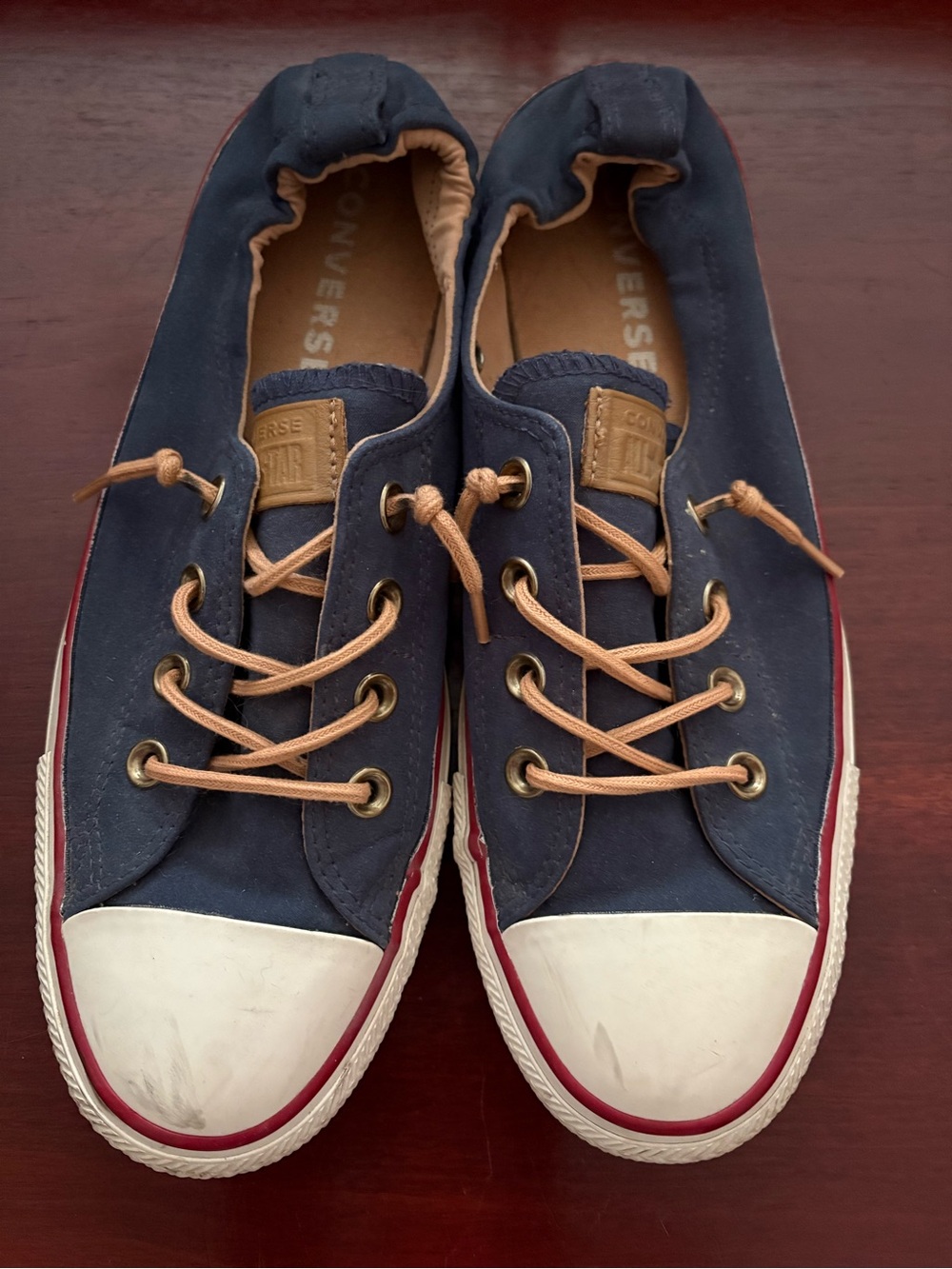 Converse Women’s Navy Canvas Low-Top Sneakers with Tan Laces and Red Trim